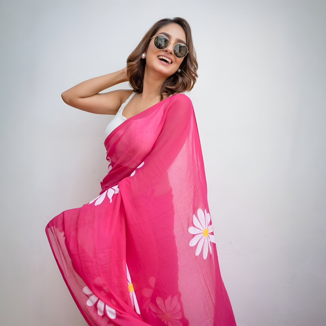 Pink Linen Cotton Heavy Digital Print Saree with Blouse – Elegant Floral Statement for Festive & Party Wear