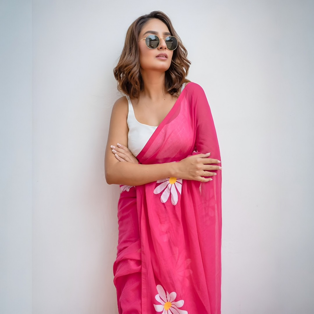 Pink Linen Cotton Heavy Digital Print Saree with Blouse – Elegant Floral Statement for Festive & Party Wear