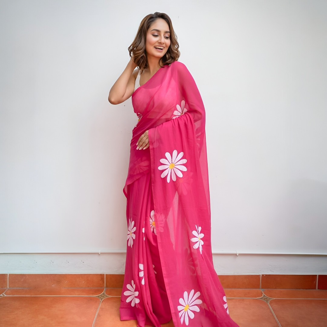 Pink Linen Cotton Heavy Digital Print Saree with Blouse – Elegant Floral Statement for Festive & Party Wear