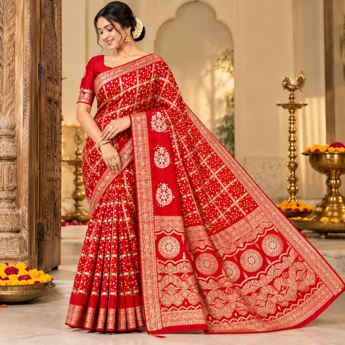 Red Dola Viscose Saree with Premium Meenakari Checks & Heavy Jaipuri Gotapatti Pallu