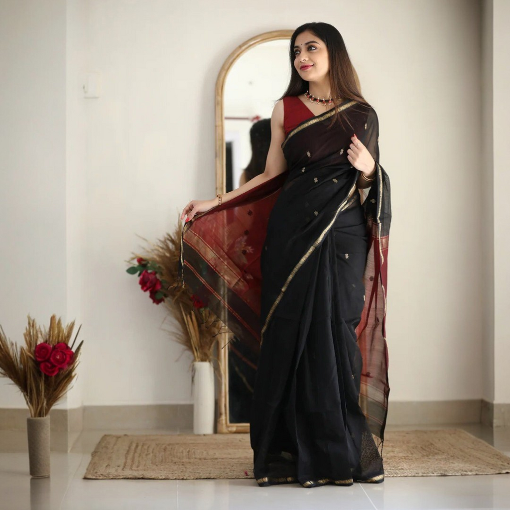 Royal Black Silk Saree with Gold Zari Border & Red Contrast Pallu – Timeless Festive Elegance