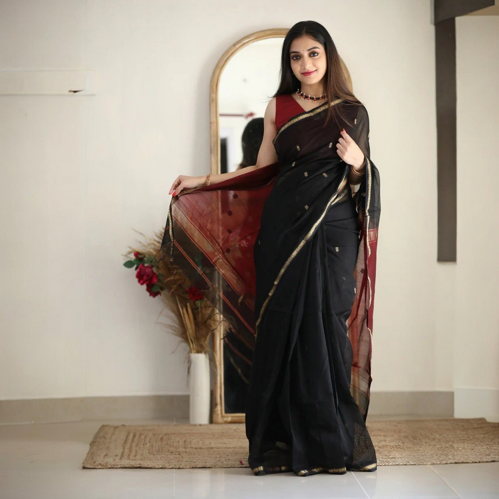 Royal Black Silk Saree with Gold Zari Border & Red Contrast Pallu – Timeless Festive Elegance
