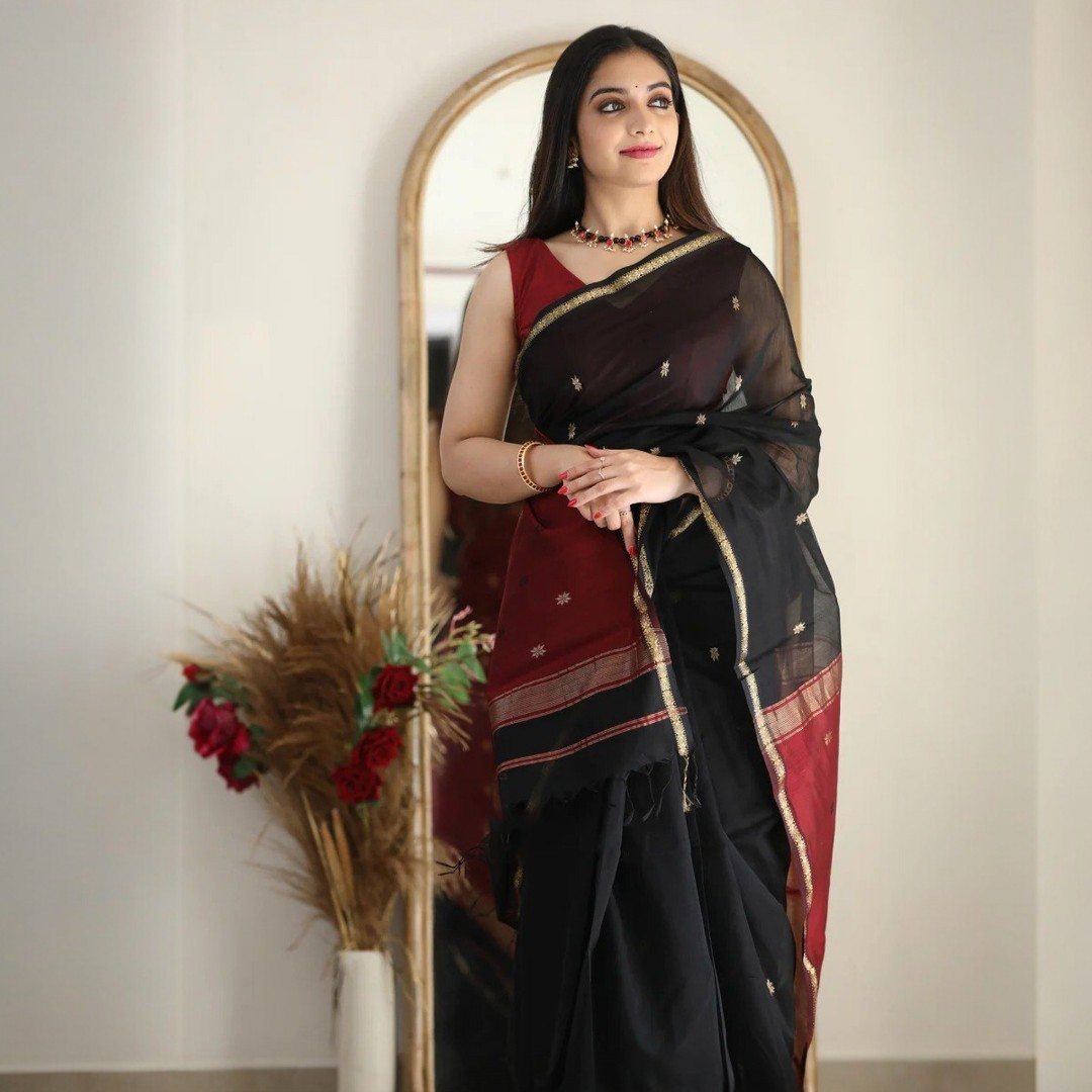 Royal Black Silk Saree with Gold Zari Border & Red Contrast Pallu – Timeless Festive Elegance
