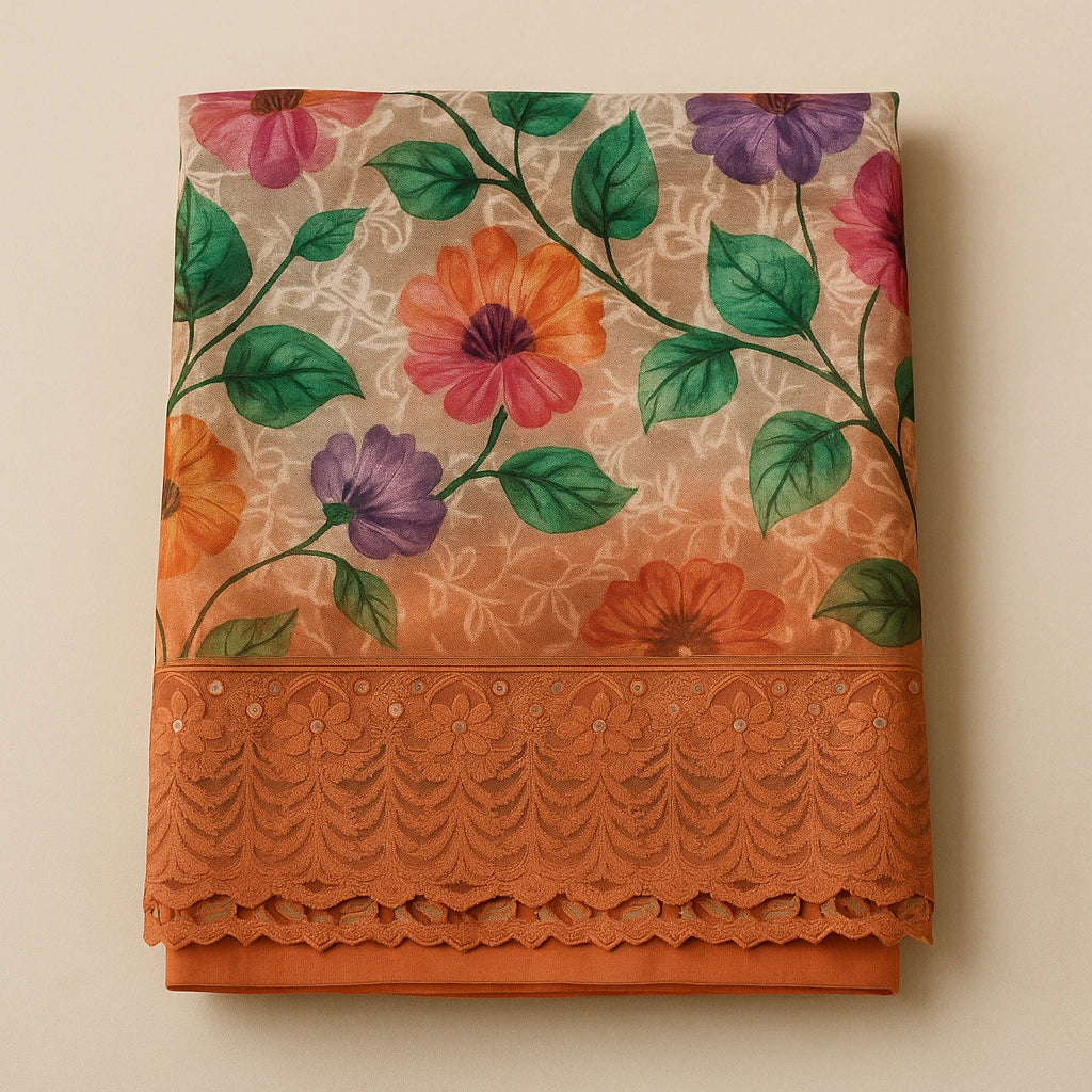 Orange Chiffon Saree With Elegant Chikan Embroidered Blouse For Women