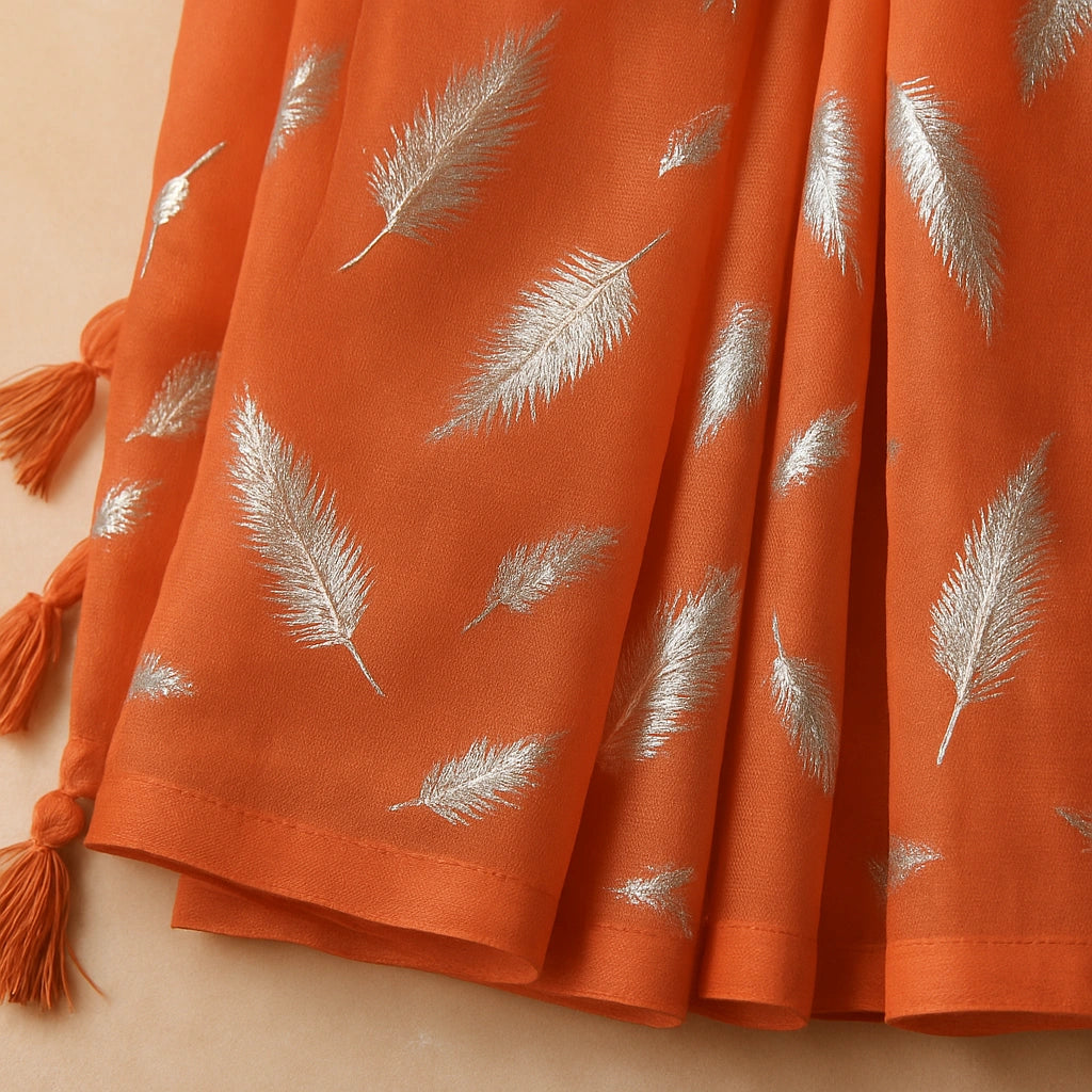 Orange Chiffon Saree With Elegant Chikan Embroidered Blouse For Women