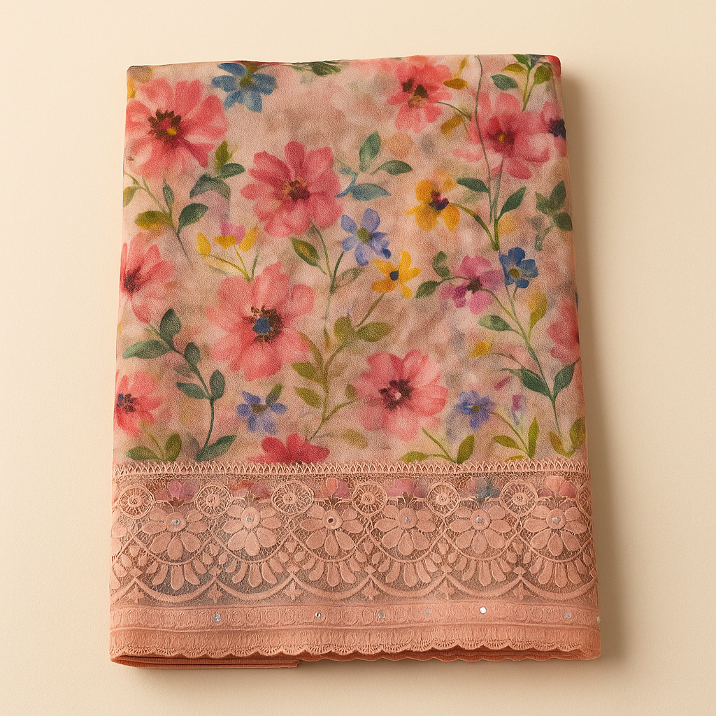 Peach Chiffon Saree With Elegant Chikan Embroidered Blouse For Women