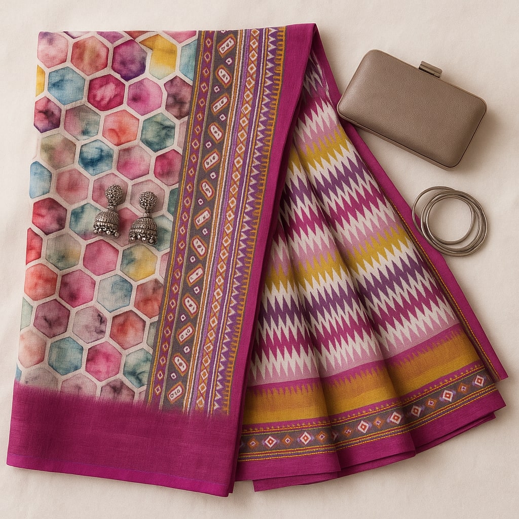 Pink Digital Print Linen Saree With Readymade Blouse – Grace That Breathes For Women
