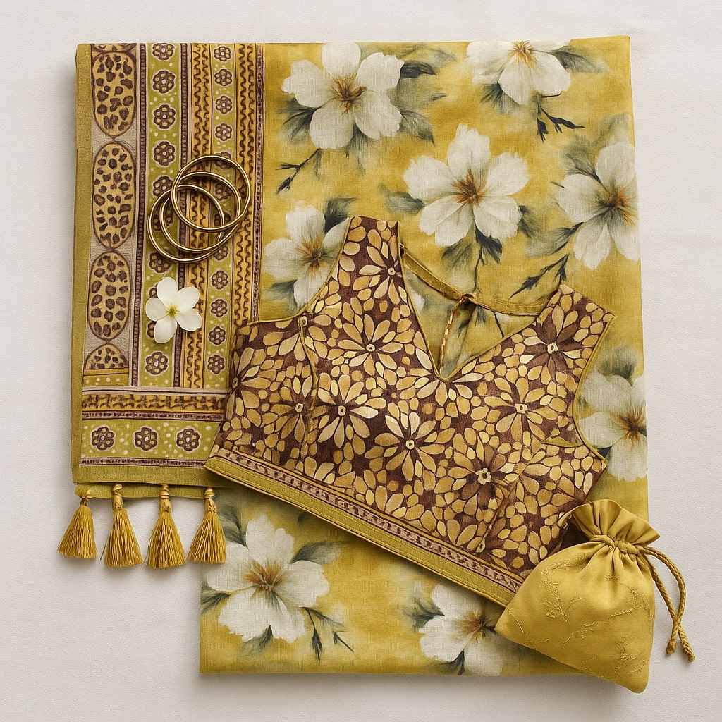 Yellow Digital Print Linen Saree With Readymade Blouse – Fresh, Light And Made To Impress For Women