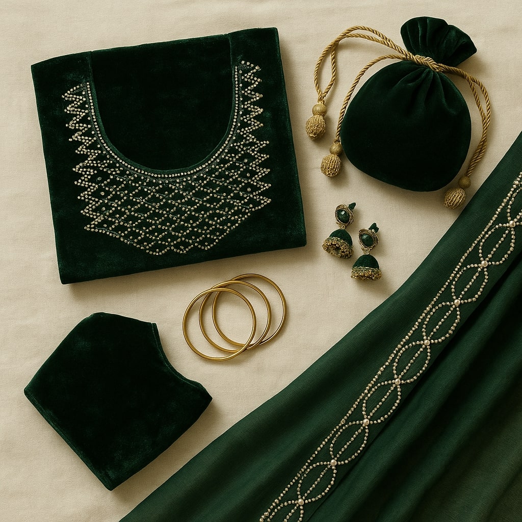 Green Organza Saree With Velvet Blouse – A Whisper Of Royalty For Women