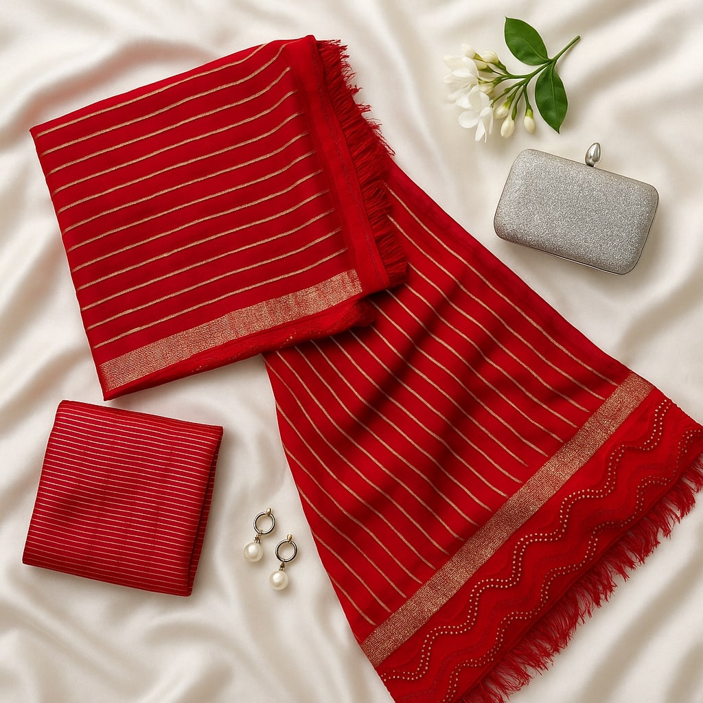 Red Soft Georgette Weaved Silver Lines Andamp; Siroski Border Saree Designer Blouse For Women