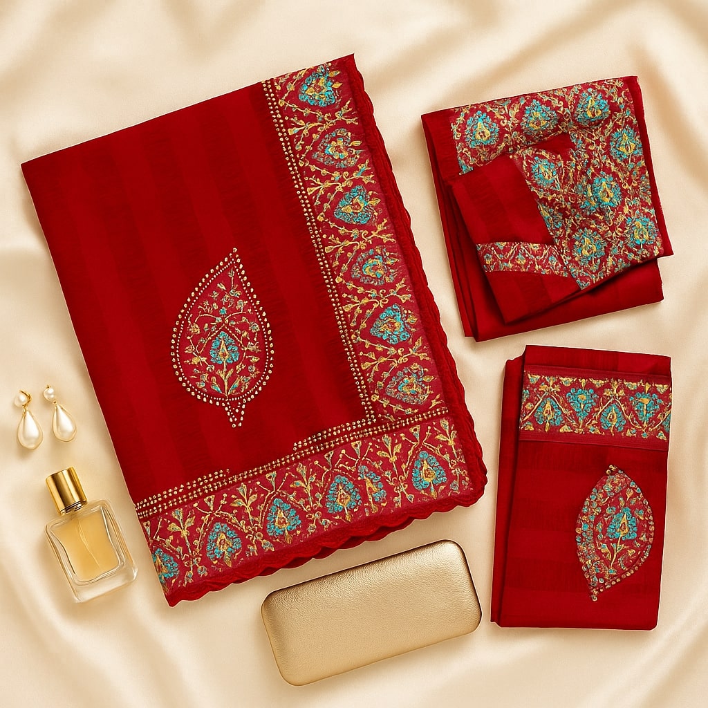 Red Heavy Pattern Georgette Saree With Printed Border Andamp And Siroski Work For Women