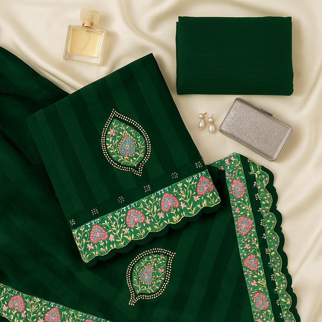 Green Heavy Pattern Georgette Saree With Printed Border Andamp And Siroski Work For Women