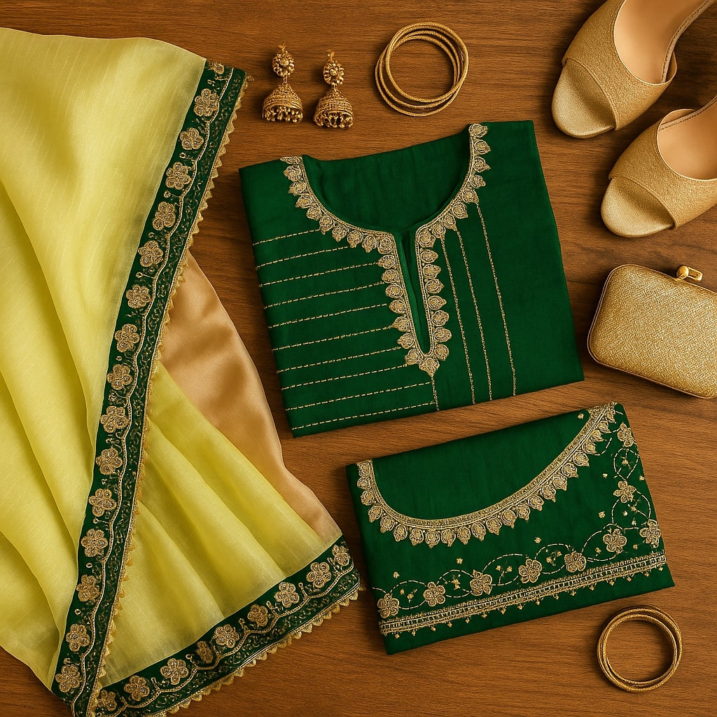 Lemon Green Organza Saree With Gota Patti Work With Designer Blouse For Women