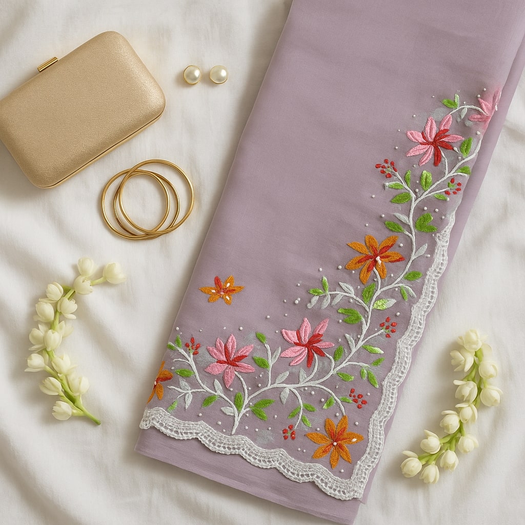 Light Purple Organza Saree With Pearl And Embroidery Work And Blouse – Elegant Wedding And Festive Wear For Women
