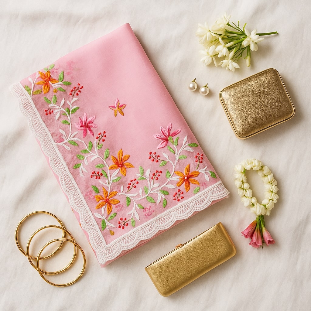 Peach Organza Saree With Pearl And Embroidery Work And Blouse – Elegant Designer Wear For Women For Women