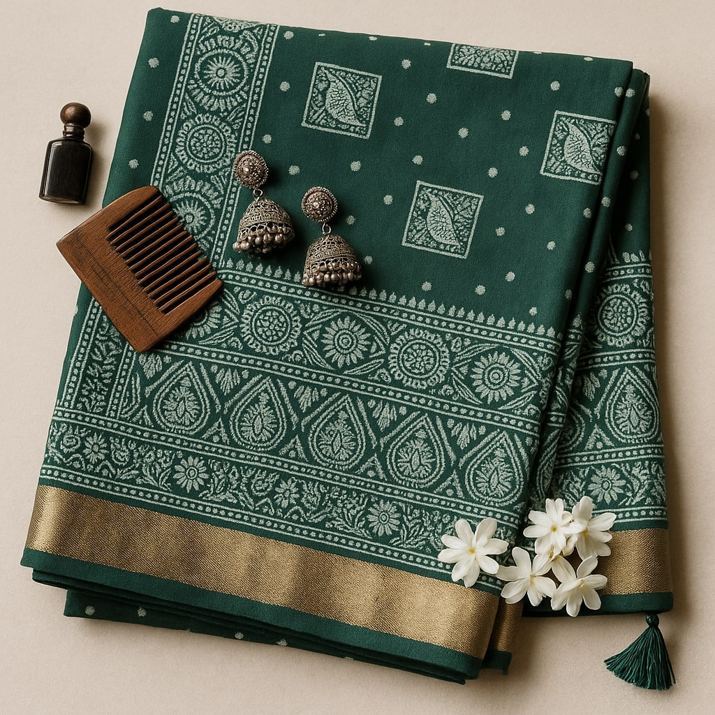 Green Ajrakh Kasturi Saree – An Heirloom Of Elegance For Women