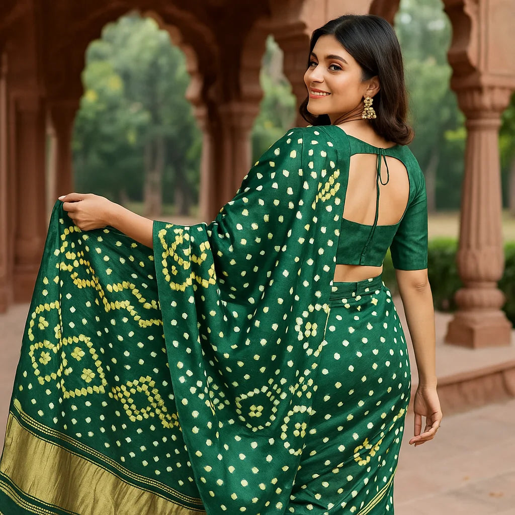 Green Gajji Silk Bandhani Saree With Blouse – Handcrafted Heritage in Every Fold