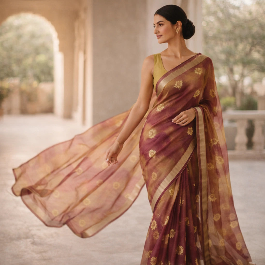 Wine And Mustard Dola Silk Saree With Gold Butti – Elegant Festive Wear For Women