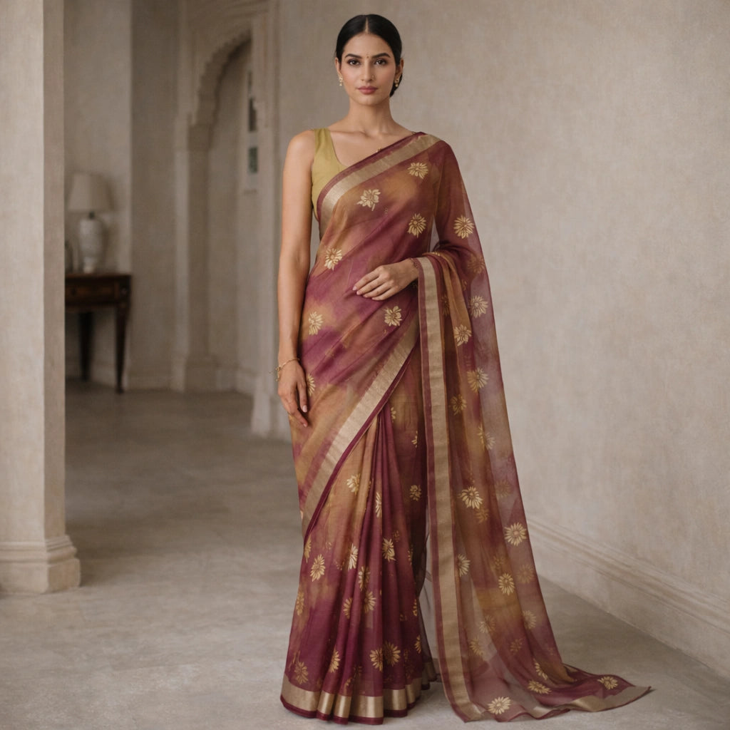 Wine And Mustard Dola Silk Saree With Gold Butti – Elegant Festive Wear For Women