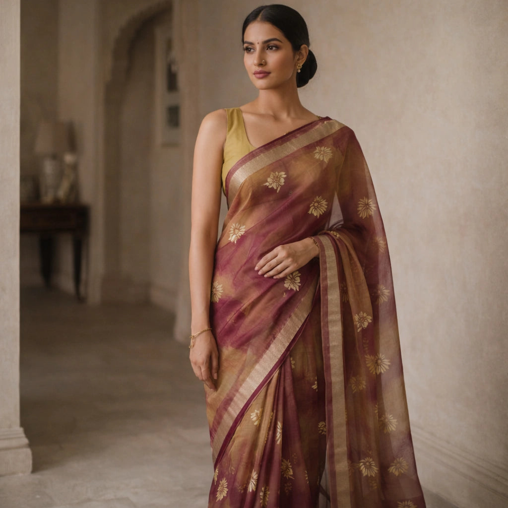 Wine And Mustard Dola Silk Saree With Gold Butti – Elegant Festive Wear For Women