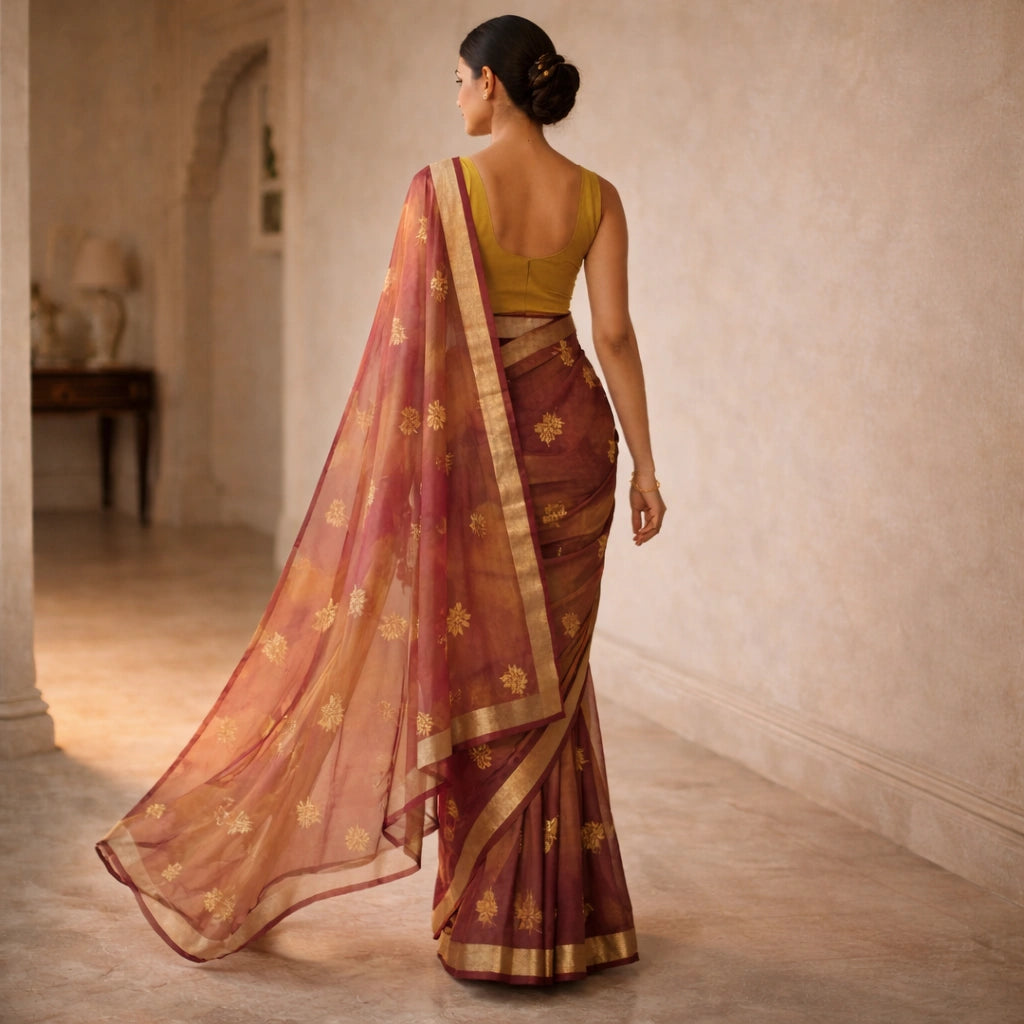 Wine And Mustard Dola Silk Saree With Gold Butti – Elegant Festive Wear For Women