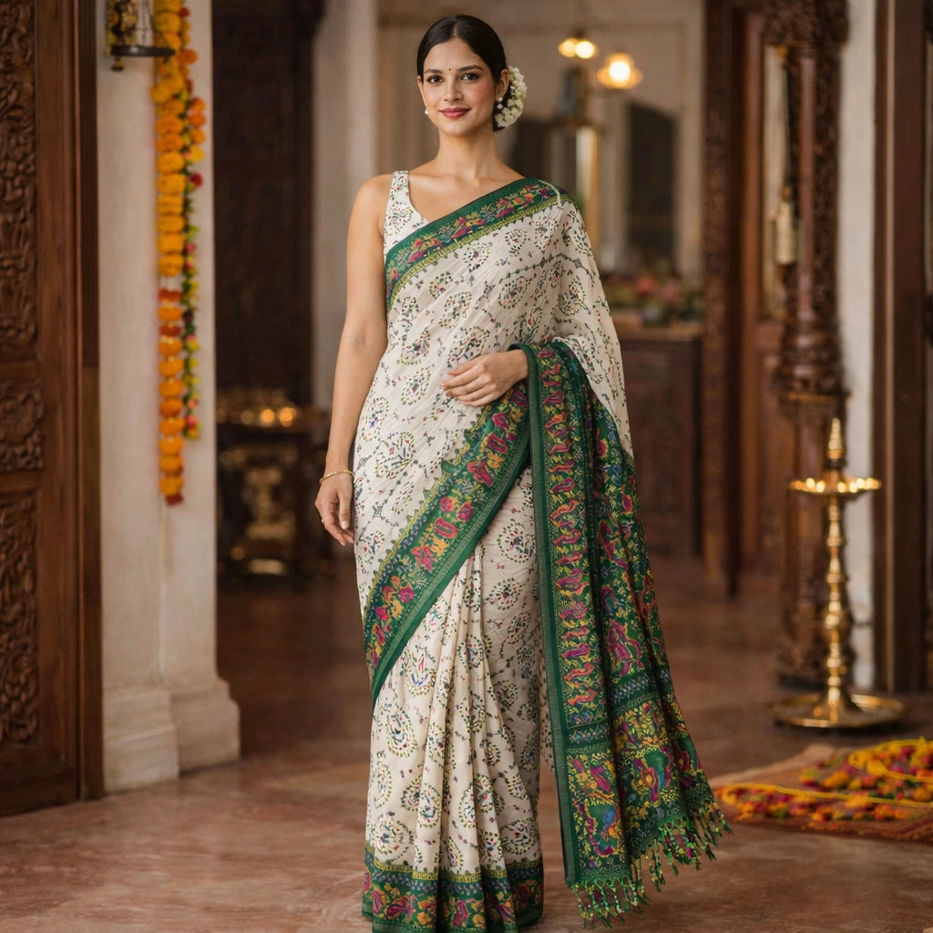 Ivory Printed Saree With Emerald Green Border – Elegant Festive Wear For Women