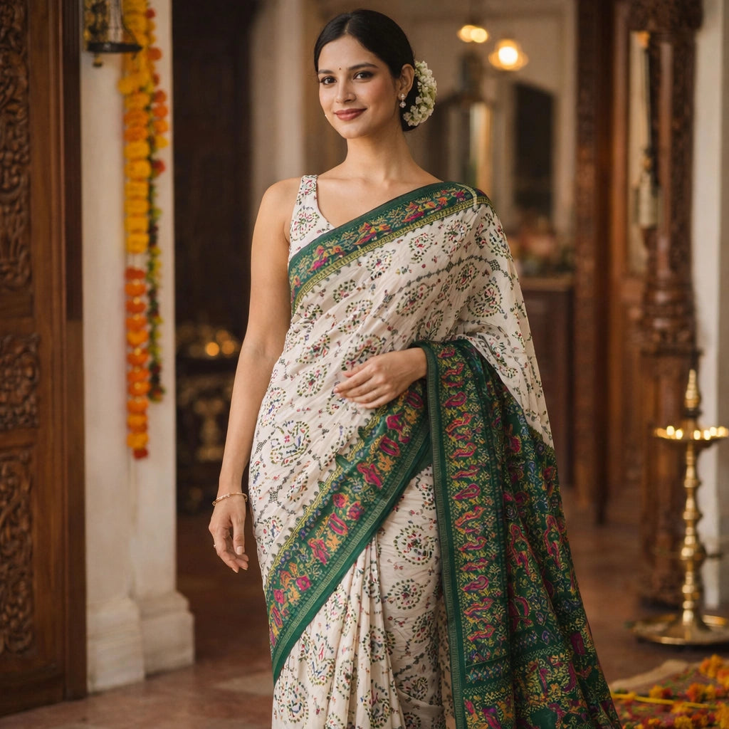 Ivory Printed Saree With Emerald Green Border – Elegant Festive Wear For Women