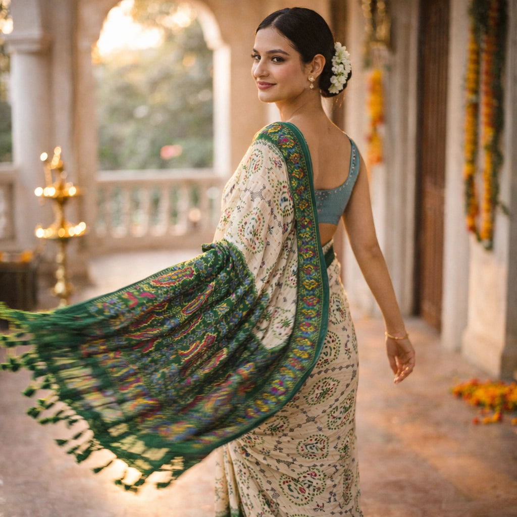 Ivory Printed Saree With Emerald Green Border – Elegant Festive Wear For Women