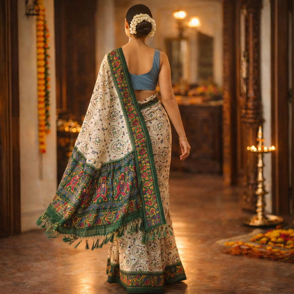 Ivory Printed Saree With Emerald Green Border – Elegant Festive Wear For Women