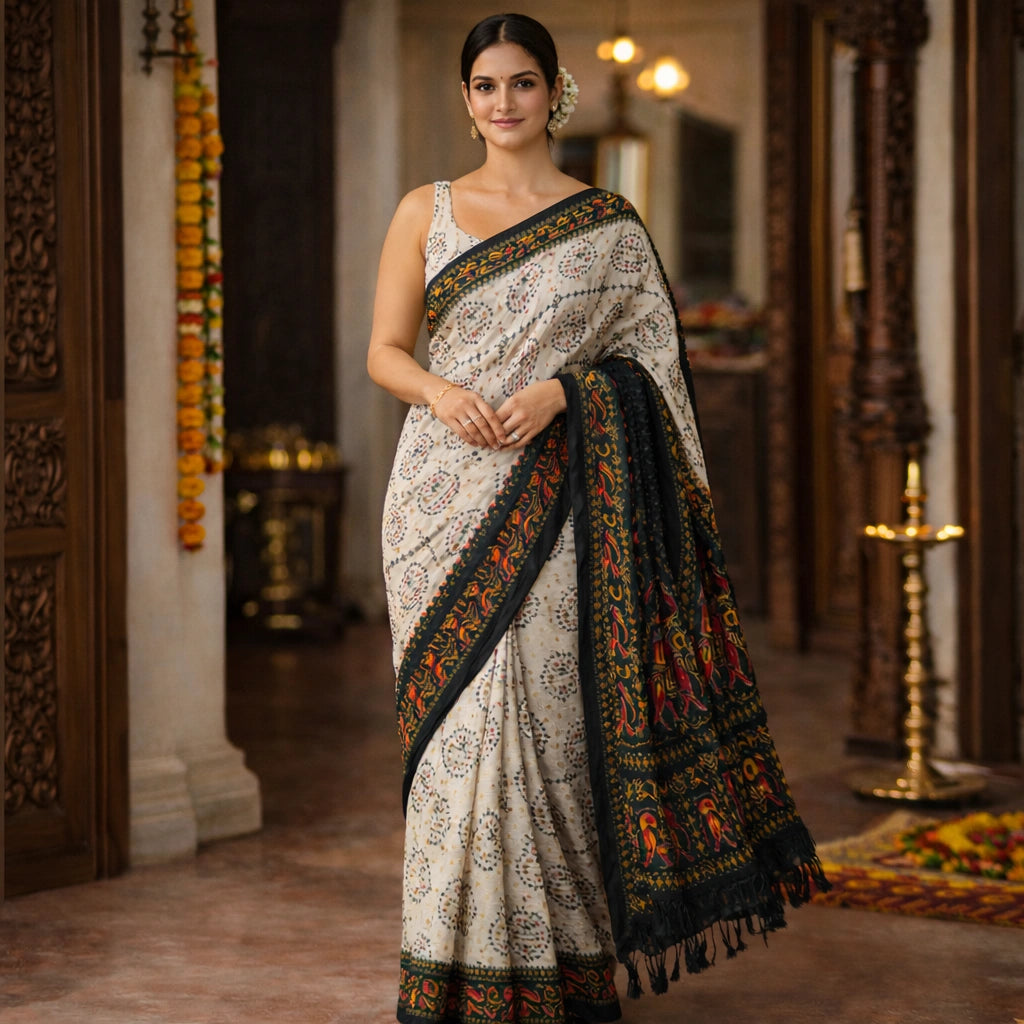Ivory Printed Saree With Rich Black Border And Pallu – Timeless Elegance For Women