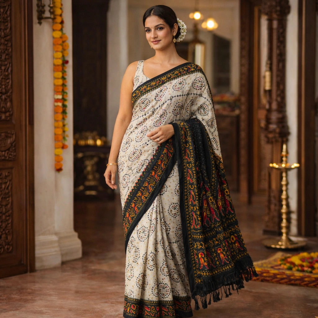 Ivory Printed Saree With Rich Black Border And Pallu – Timeless Elegance For Women