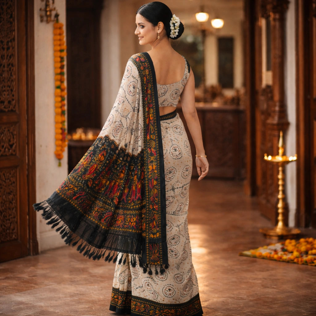 Ivory Printed Saree With Rich Black Border And Pallu – Timeless Elegance For Women