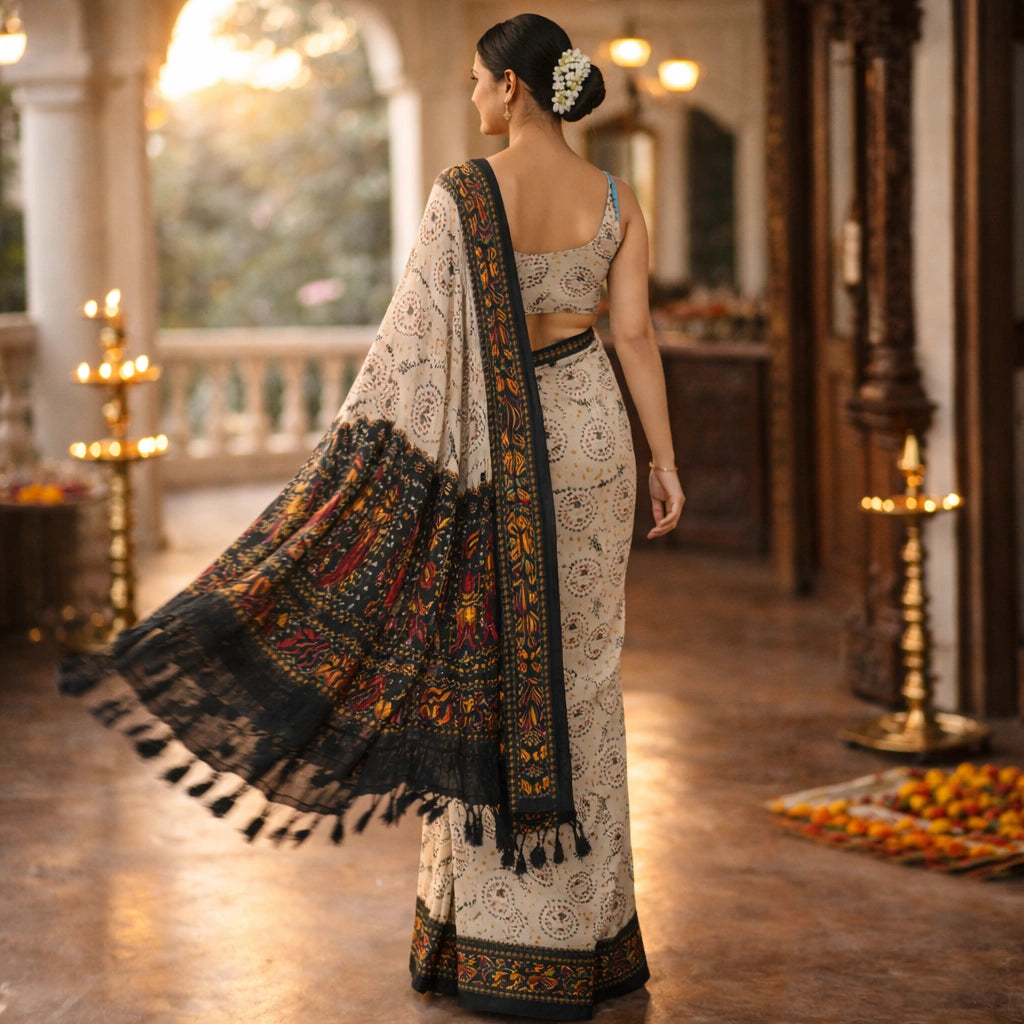 Ivory Printed Saree With Rich Black Border And Pallu – Timeless Elegance For Women