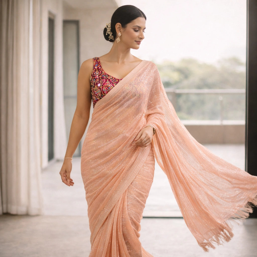 Soft Peach Shimmer Chiffon Saree – Lightweight Party And Festive Wear For Women For Women