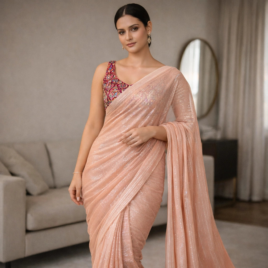 Soft Peach Shimmer Chiffon Saree – Lightweight Party And Festive Wear For Women For Women