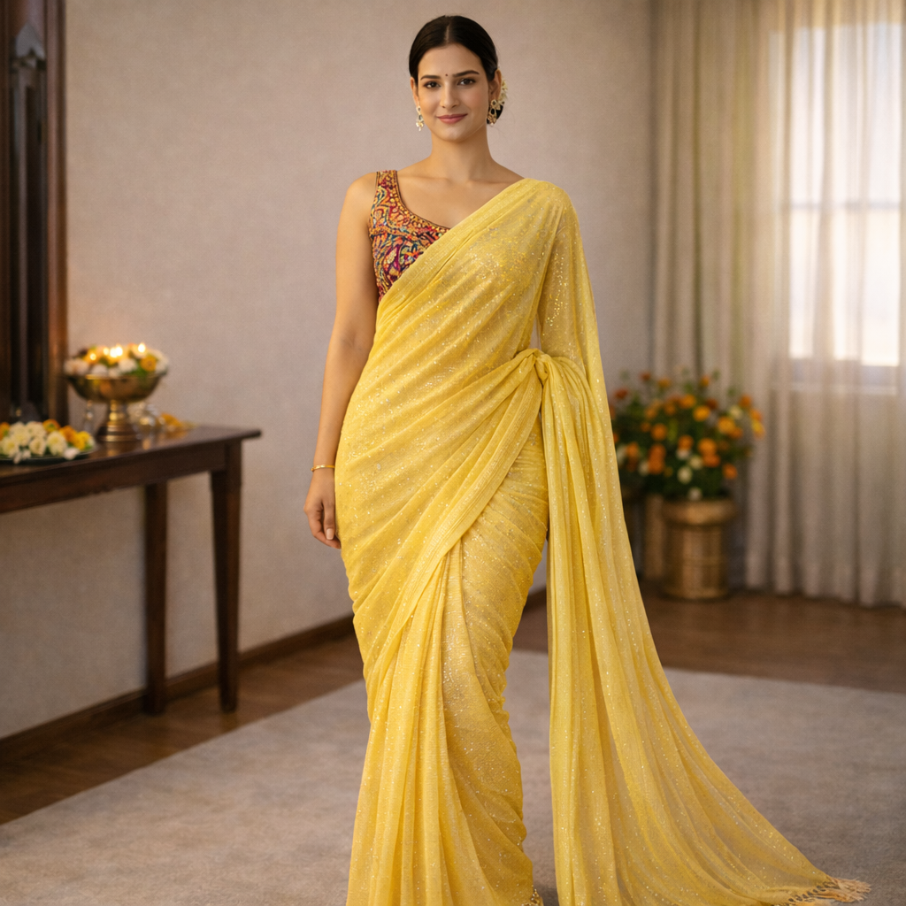 Yellow Shimmer Chiffon Saree – Lightweight Festive And Party Wear For Women For Women
