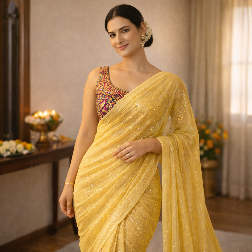Yellow Shimmer Chiffon Saree – Lightweight Festive And Party Wear For Women For Women
