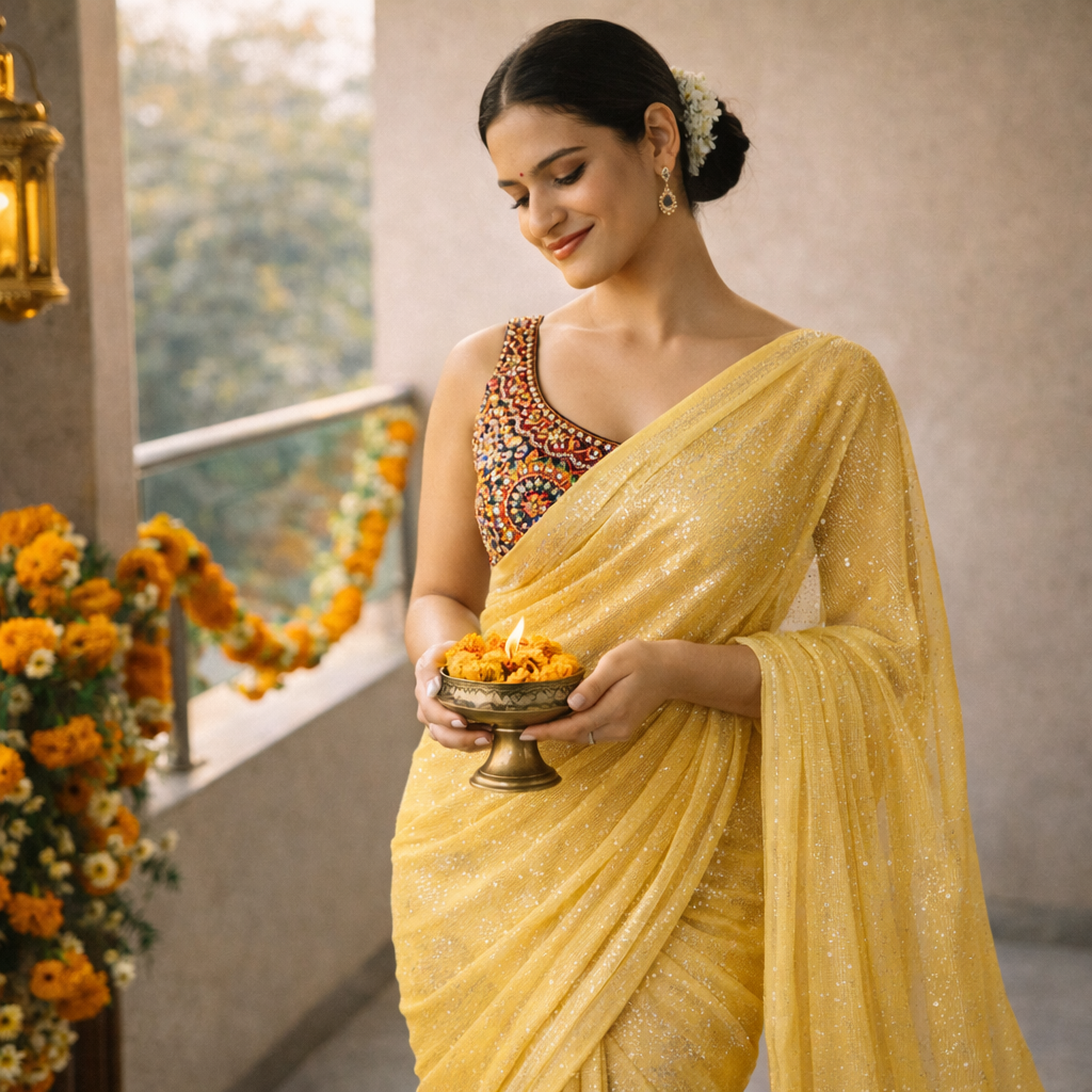 Yellow Shimmer Chiffon Saree – Lightweight Festive And Party Wear For Women For Women