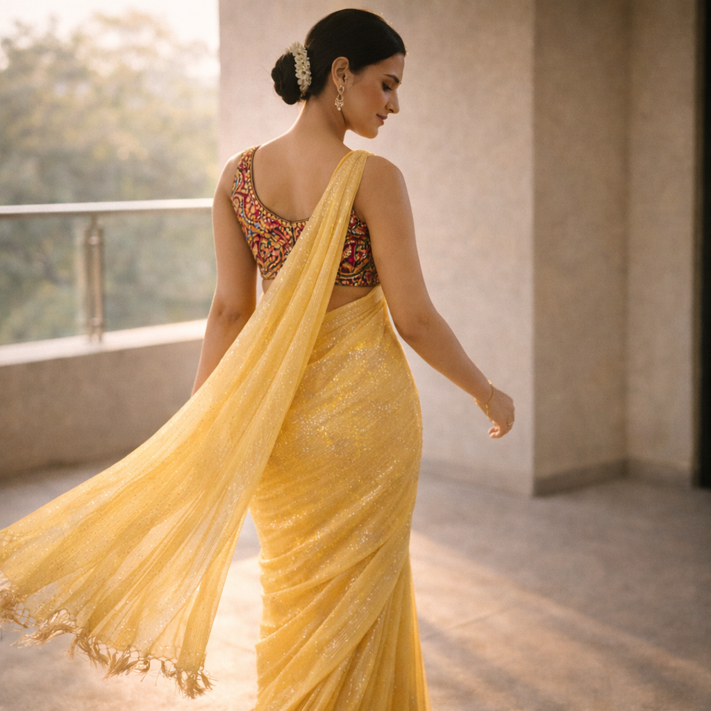 Yellow Shimmer Chiffon Saree – Lightweight Festive And Party Wear For Women For Women