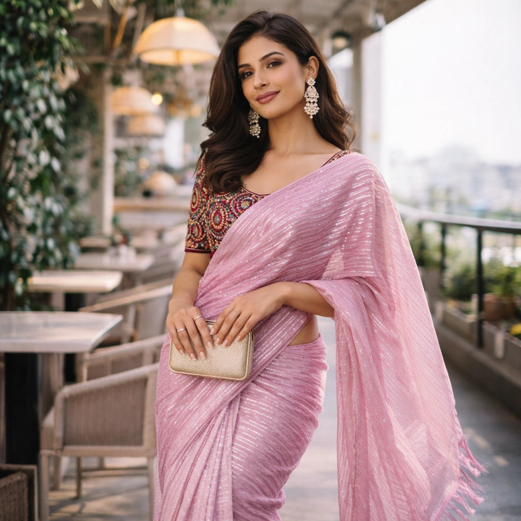 Pink Shimmer Chiffon Saree – Lightweight Party And Festive Elegance For Women For Women