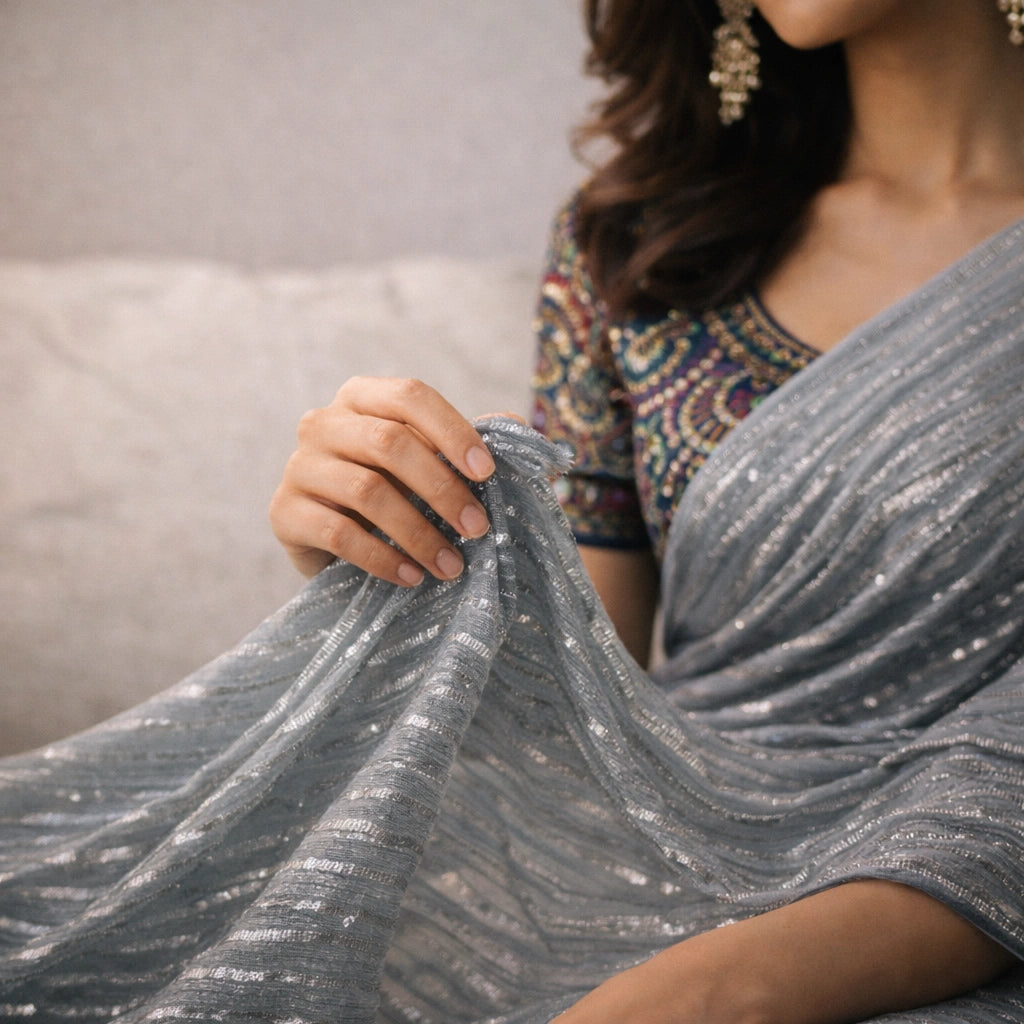 Grey Shimmer Chiffon Saree – Lightweight Elegant Party And Festive Wear For Women For Women