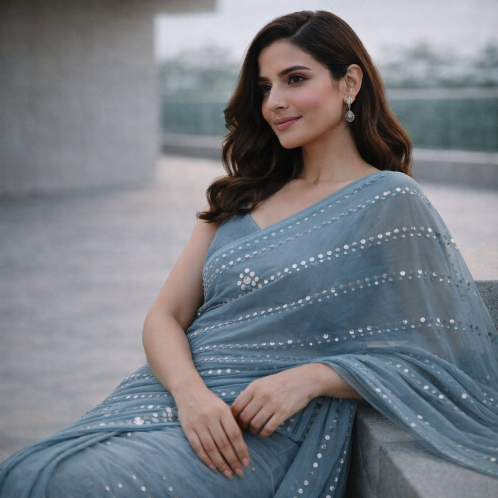 Dusty Blue Bandhani Sequin Chiffon Saree – Soft Flow With Modern Elegance For Women