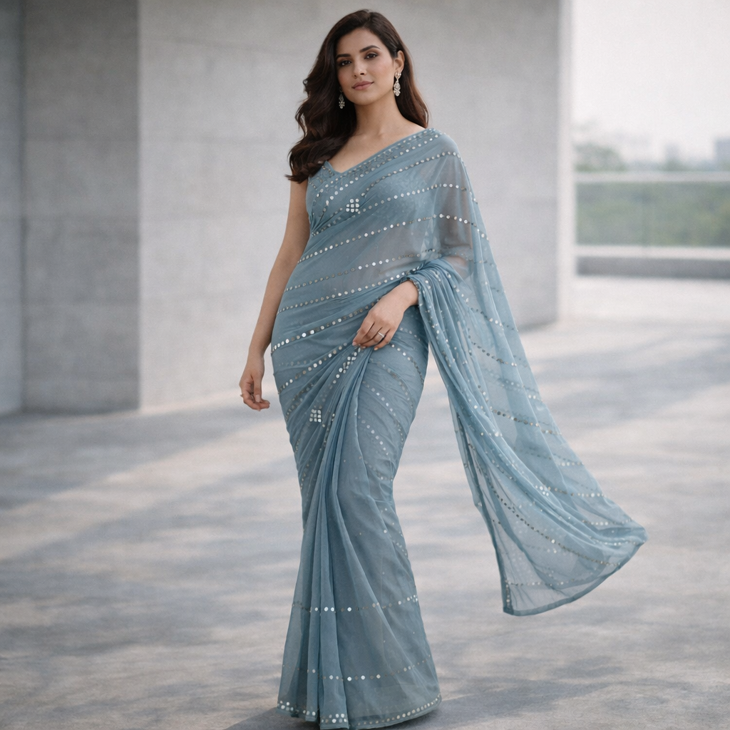 Dusty Blue Bandhani Sequin Chiffon Saree – Soft Flow With Modern Elegance For Women