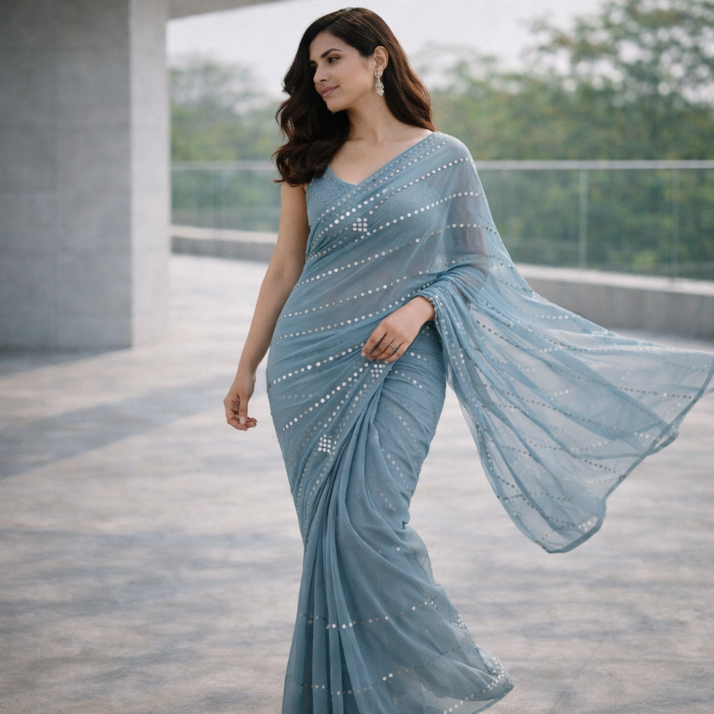 Dusty Blue Bandhani Sequin Chiffon Saree – Soft Flow With Modern Elegance For Women
