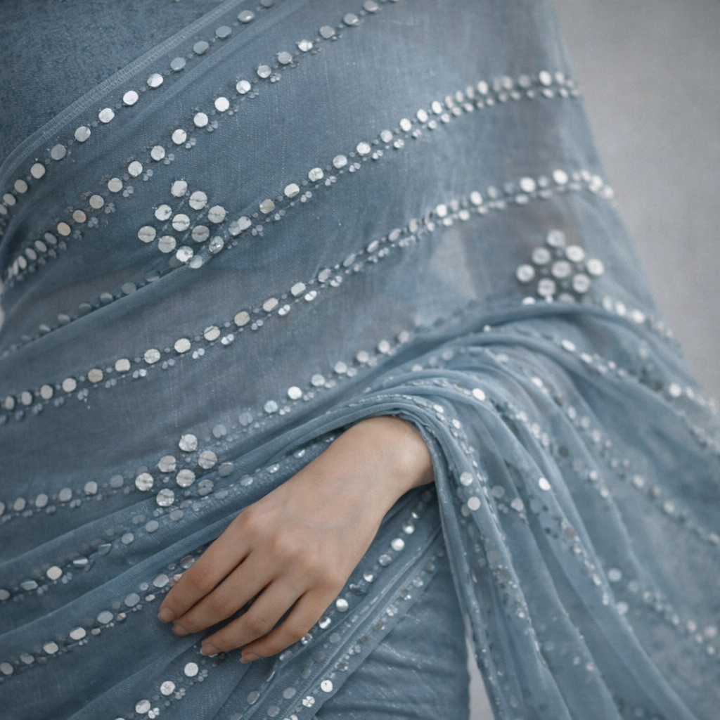 Dusty Blue Bandhani Sequin Chiffon Saree – Soft Flow With Modern Elegance For Women