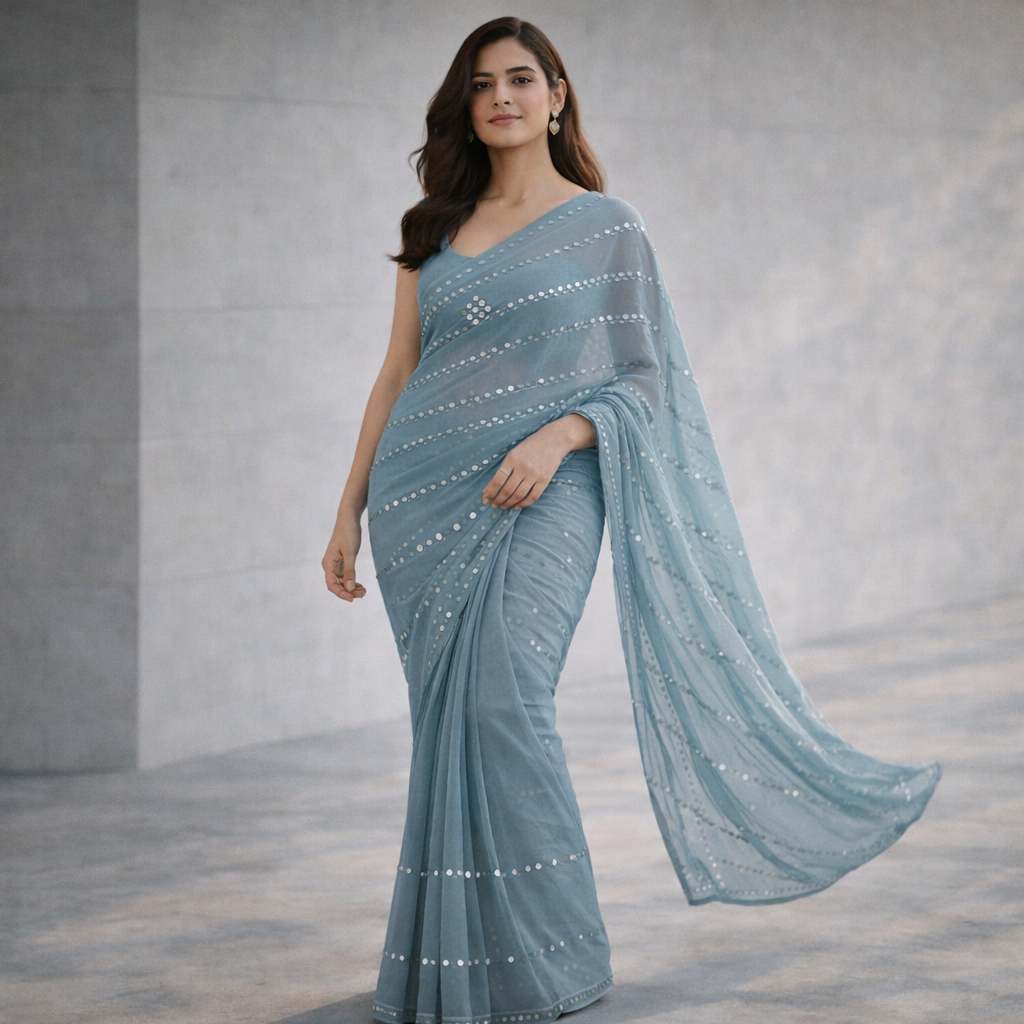 Dusty Blue Bandhani Sequin Chiffon Saree – Soft Flow With Modern Elegance For Women