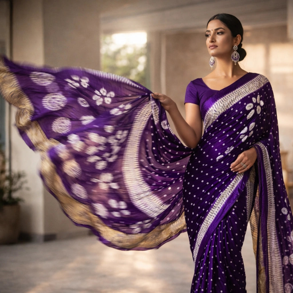 Royal Purple Bandhani Saree With Elegant Border – Timeless Festive Wear For Women And Girls For Women