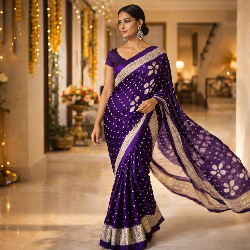Royal Purple Bandhani Saree With Elegant Border – Timeless Festive Wear For Women And Girls For Women