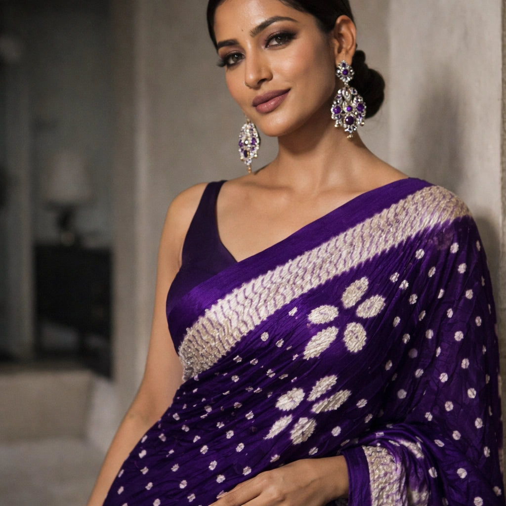 Royal Purple Bandhani Saree With Elegant Border – Timeless Festive Wear For Women And Girls For Women