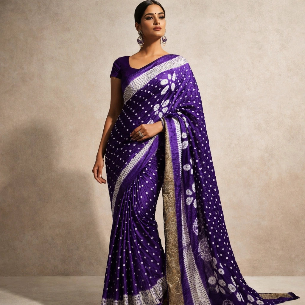 Royal Purple Bandhani Saree With Elegant Border – Timeless Festive Wear For Women And Girls For Women